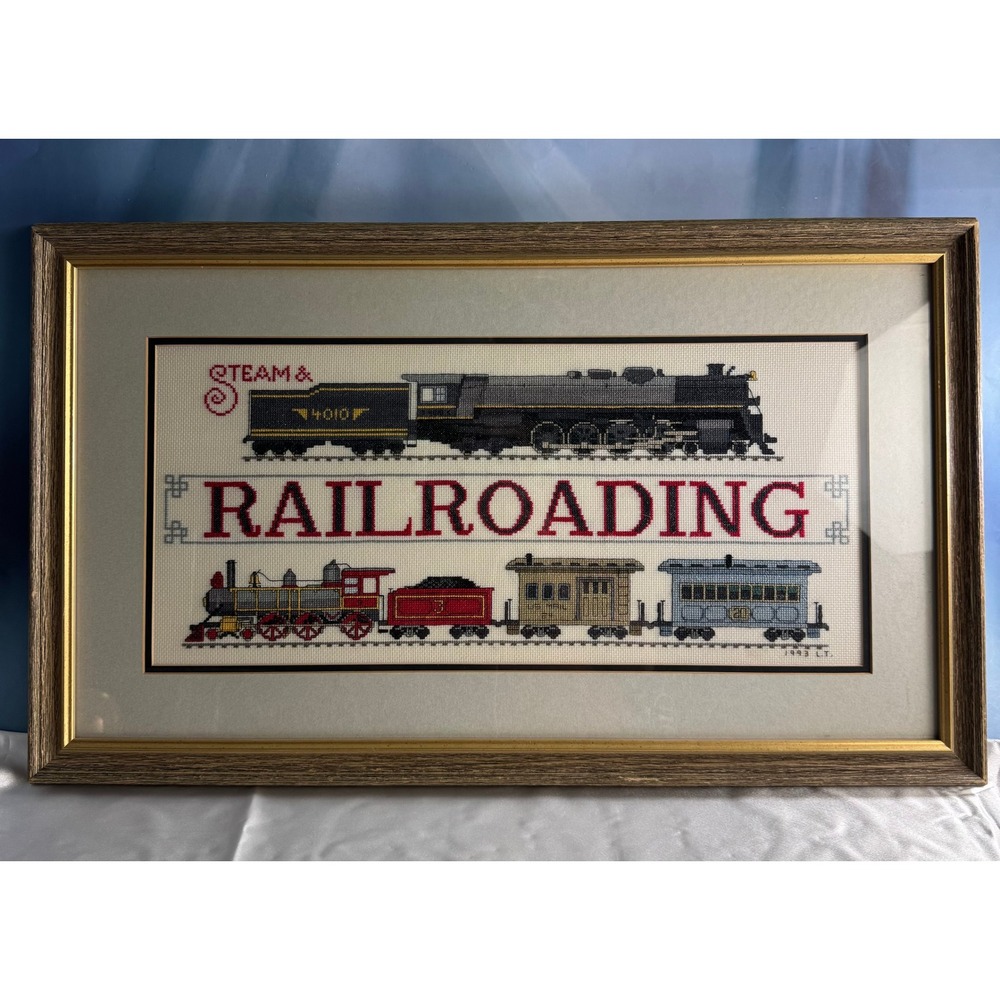 Vintage 1993 Steam Railroading Framed Cross Stitch Art Large 28x16 Train Decor